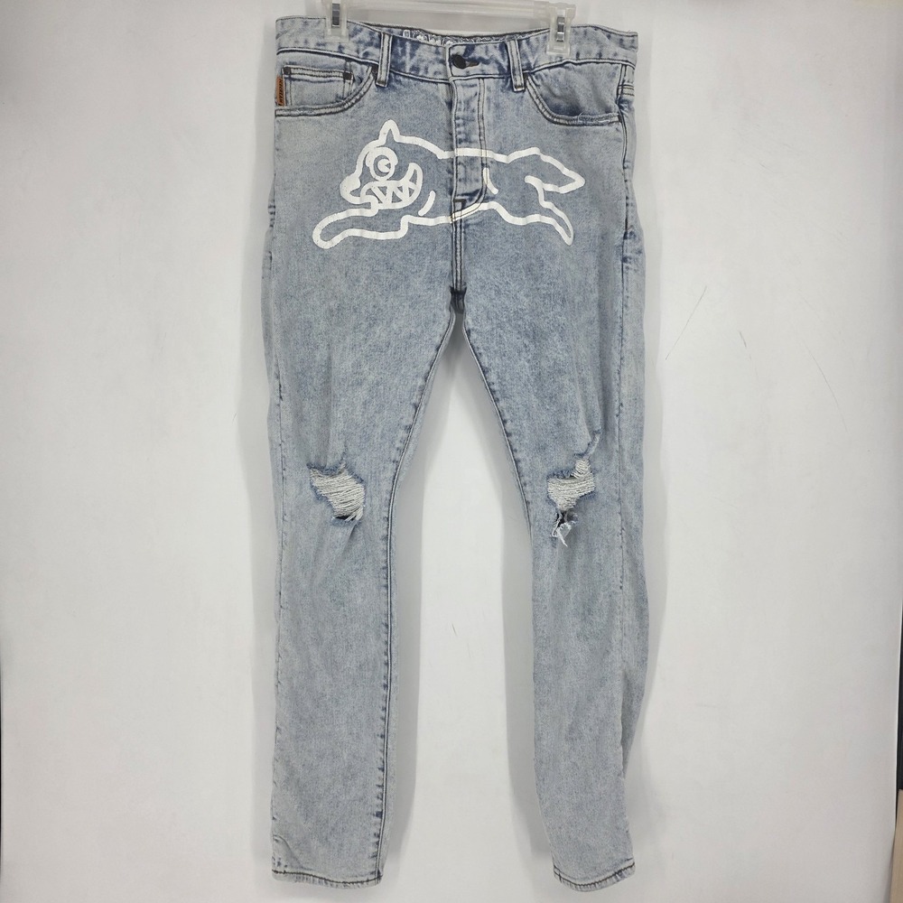 Ice Cream Jeans Mens 34 Light Wash Distressed  Running Dog Graphic Straight Leg